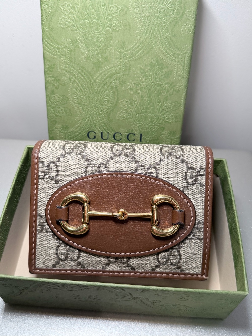 Gucci Beige GG Canvas and Brown Leather Mini Wallet with Gold Horsebit - Picture 2 of 7
